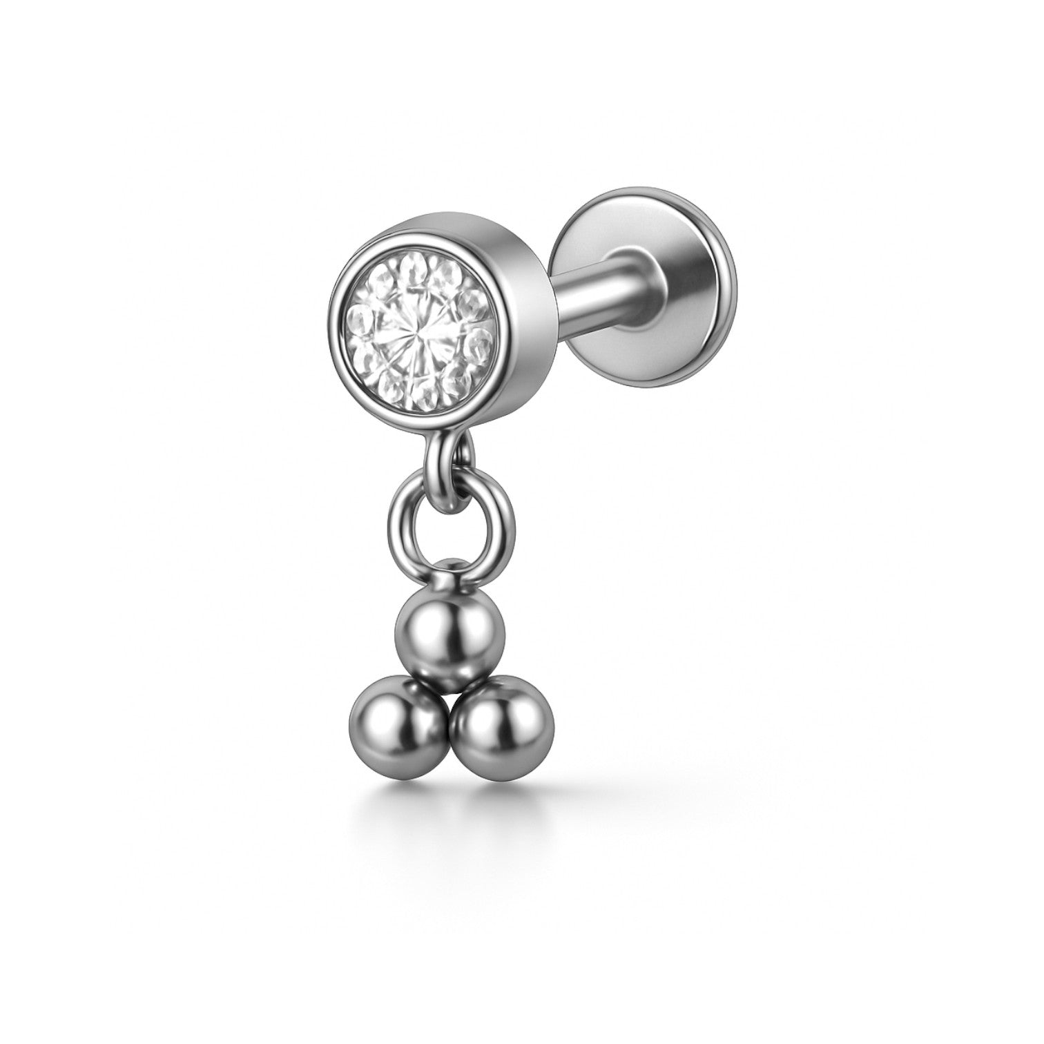 Srebrny labret z cyrkonią i trzema kuleczkami do piercingu – zdjęcie 4