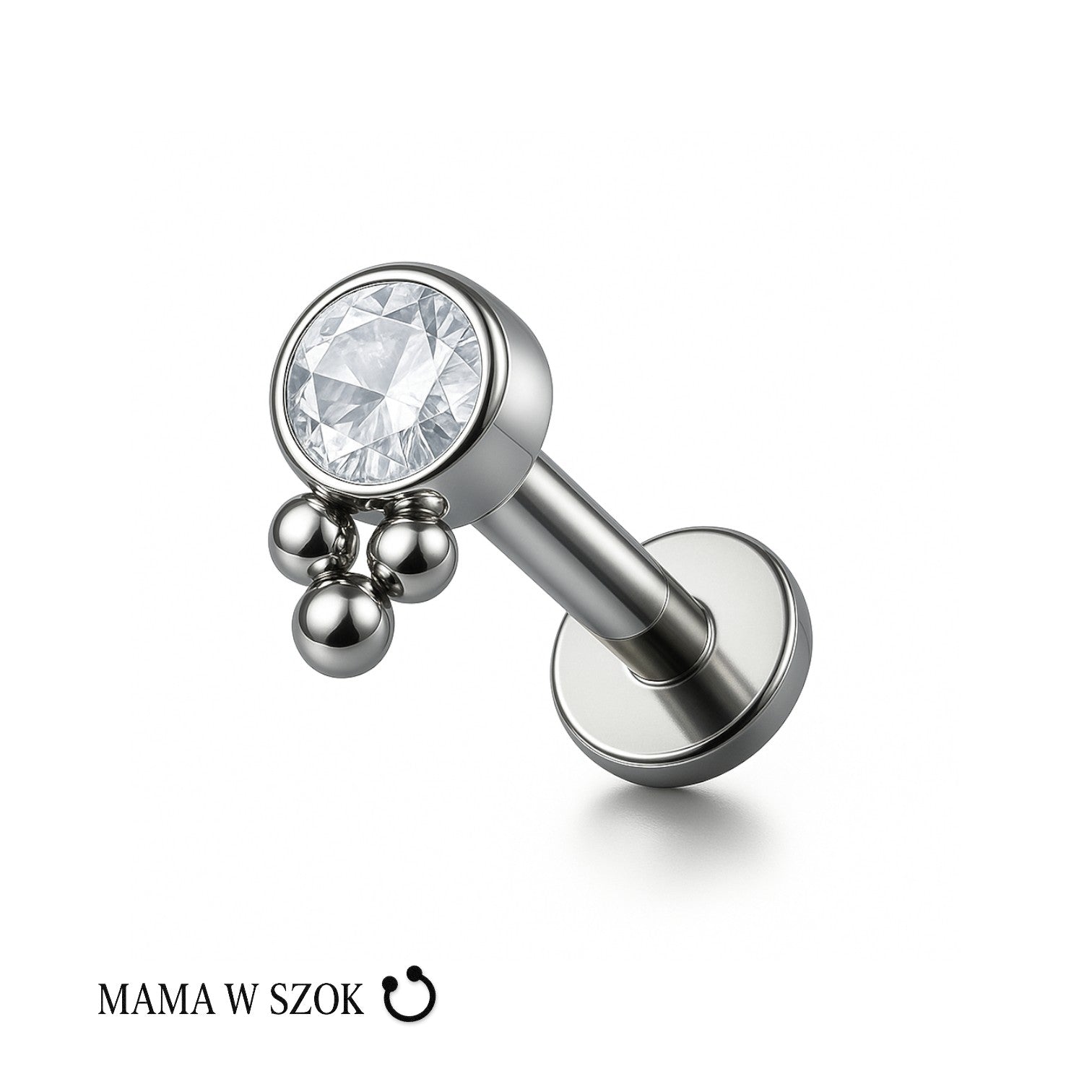 Minimalistyczny labret z cyrkonią i trzema kuleczkami
