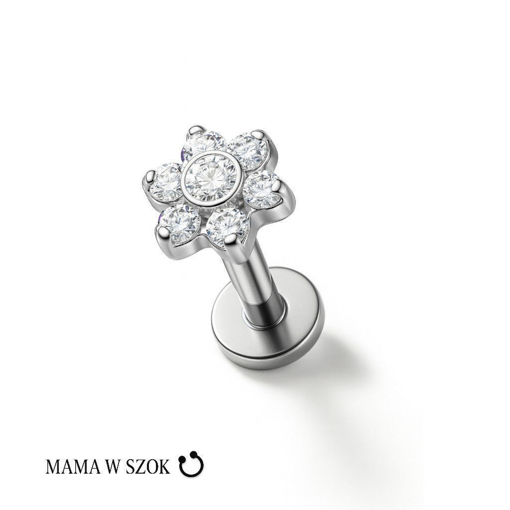 Tytanowy labret Flower Shine z kwiatowym motywem cyrkonii – zdjęcie 9
