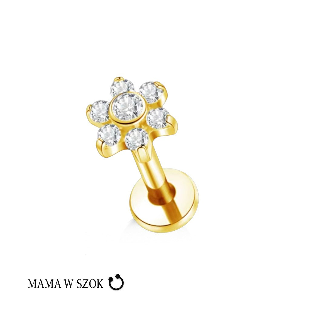 Tytanowy labret Flower Shine z kwiatowym motywem cyrkonii