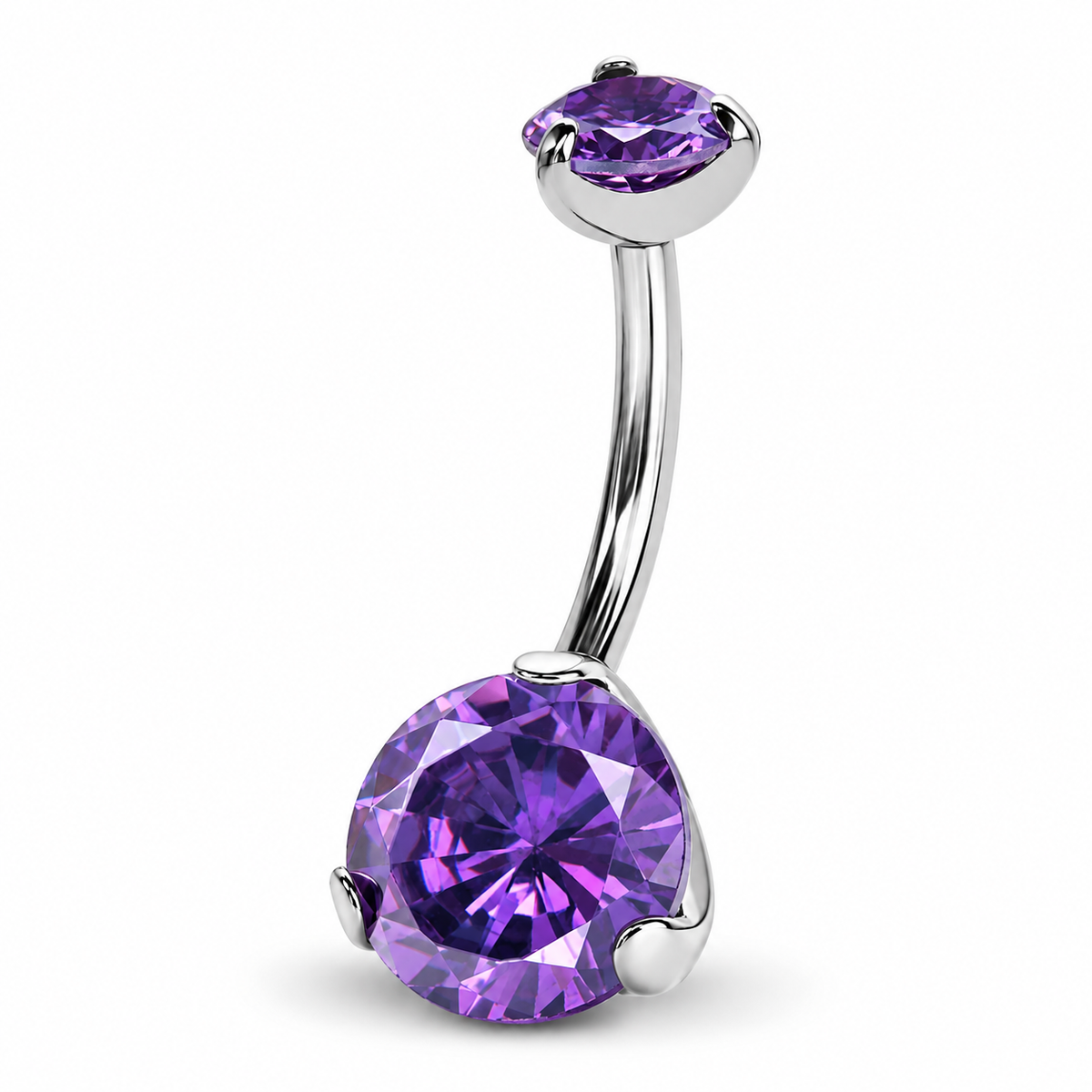 Srebrny kolczyk do pępka z tytanu z dużą okrągłą fioletową cyrkonią w trzech łapkach
