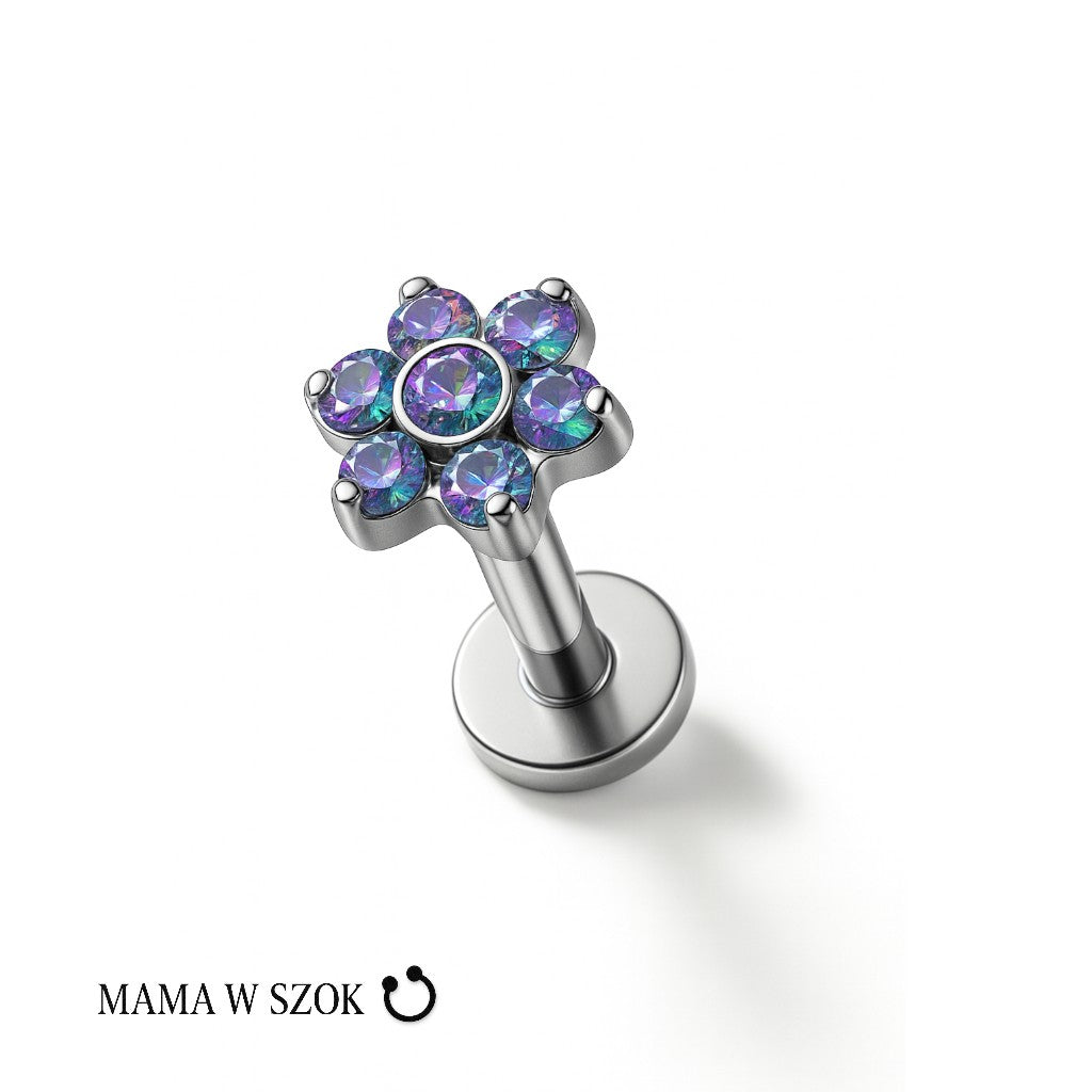 Tytanowy labret Flower Shine z kwiatowym motywem cyrkonii – zdjęcie 2