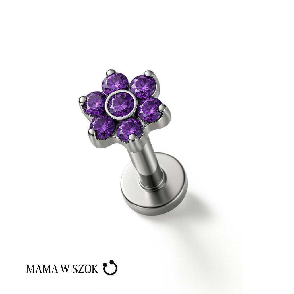 Tytanowy labret Flower Shine z kwiatowym motywem cyrkonii – zdjęcie 7